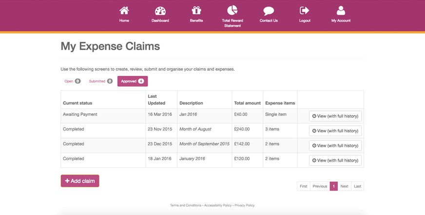 my expense claims demo screen